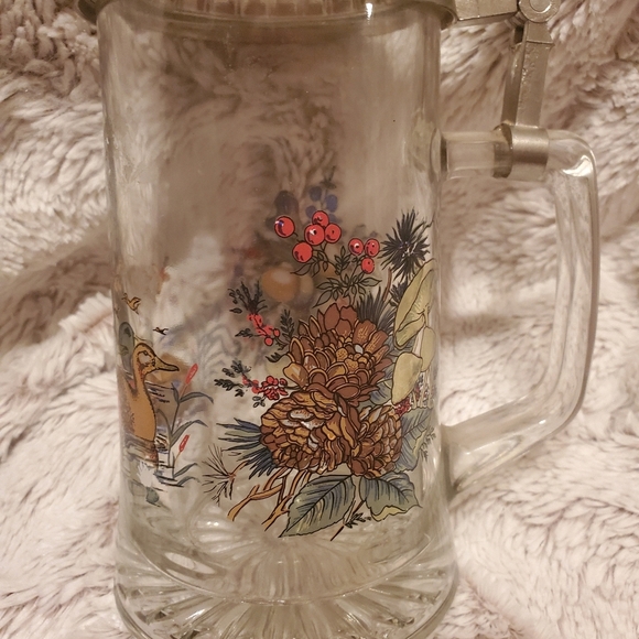 Vintage German Beer Stein Clear Glass w/ Pewter Lid Mallard Duck Painting - Picture 2 of 7